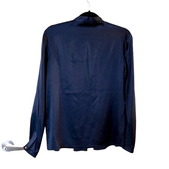 Theory Navy Blue Silk Pleated Front Long Sleeve Blouse - Picture 4 of 4